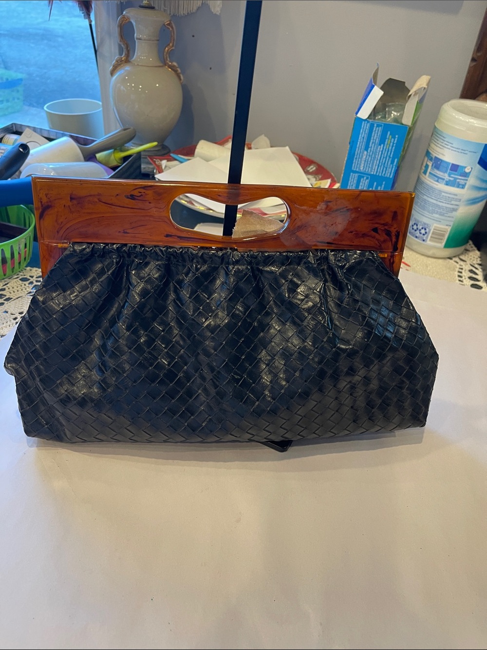 Handheld Woven Clutch Bag with plastic  Handle - Black
